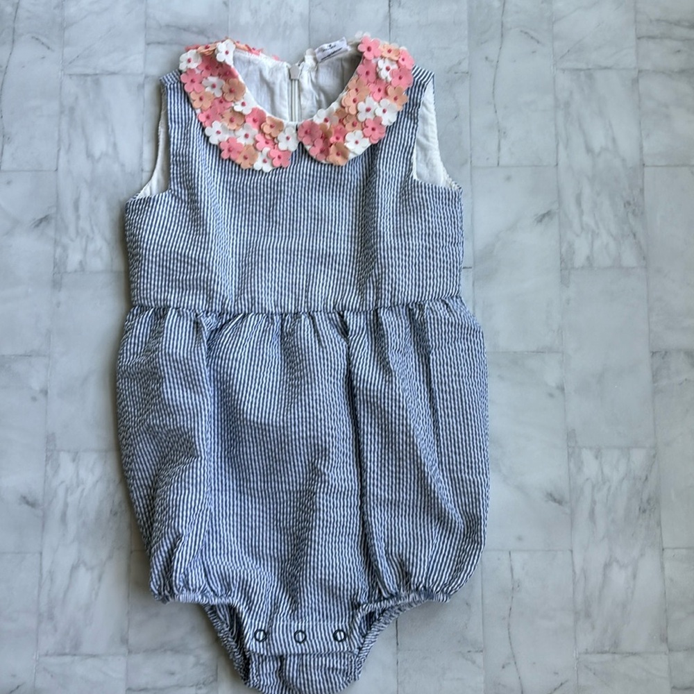 Egg Baby Gemma Seersucker Romper with Flower Appliqués